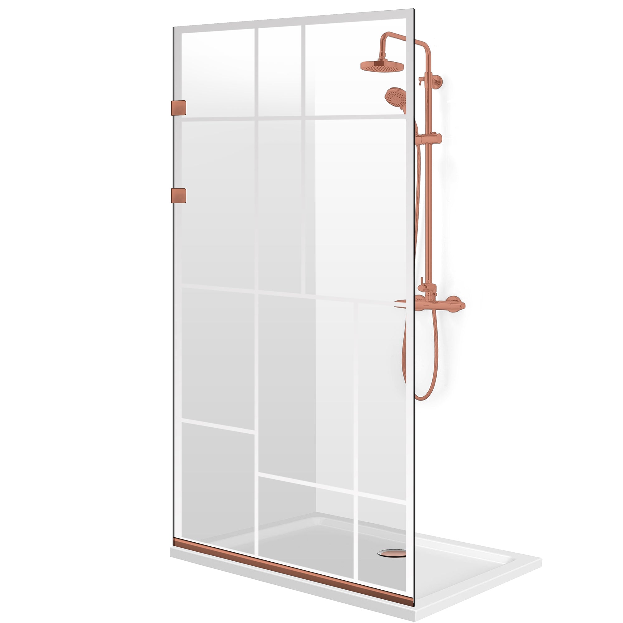 Aqua Elegance® Copper walk-in zuhanyparaván, Urban színtelen modell, teljes réz színű rozsdamentes acél szerelvényekkel, átlátszó, edzett üveg